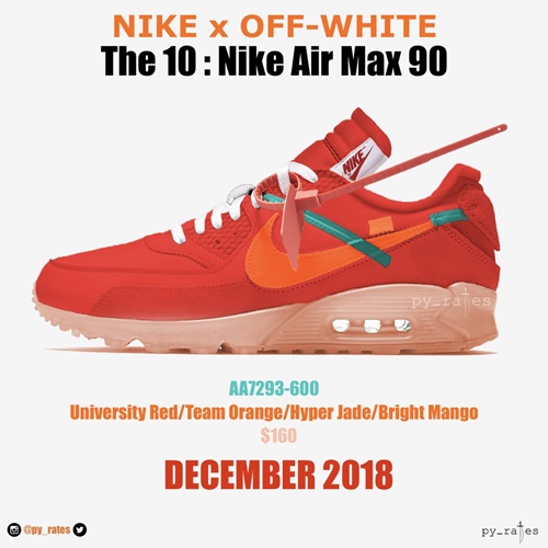 【リーク】2018/12発売予定！OFF-WHITE c/o VIRGIL ABLOH × NIKE AIR MAX 90 “University Red/Team Orange” “Part 2” (オフホワイト ナイキ エア マックス 90 “パート 2” “ユニバーシティ レッド/チーム オレンジ”) [AA7293-600]