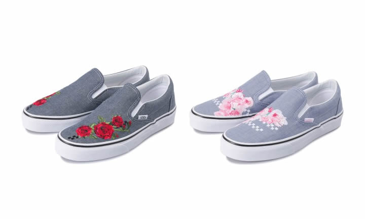 チェッカーボード柄と薔薇や桜の刺繍をアッパーにデザインしたVANS CLASSIC SLIP-ON “Rose/Sakura” (バンズ クラシック スリッポン)