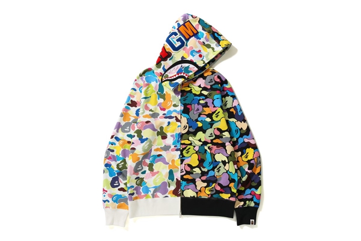 A BATHING APEからマルチパターンを切り替えシャークフードを配置した「MULTI CAMO HALF SHARK FULL ZIP HOODIE」が5/19発売 (ア ベイシング エイプ)