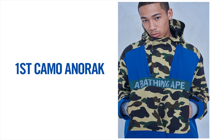 A BATHING APEから1ST CAMOを落とし込みカラーを切り替えてスポーティなルックスに仕上げたアノラック「1ST CAMO ANORAK」が8/4から発売 (ア ベイシング エイプ)