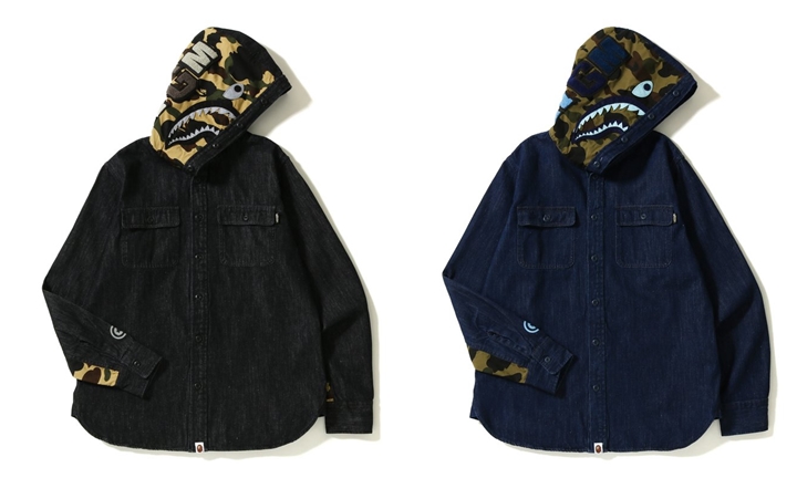 A BATHING APEからデニムシャツ+フーディ部分にSHARKを配置した「SHARK DENIM HOODIE SHIRT」が8/18から発売 (ア ベイシング エイプ)