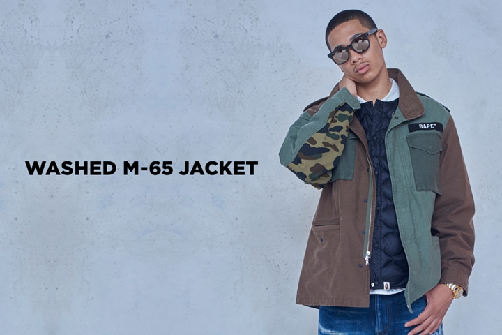 A BATHING APEからM-65ジャケットを、切り替えとCAMO柄の組み合わせに洗い加工を加えた「WASHED M-65 JACKET」が8/25から発売 (ア ベイシング エイプ)