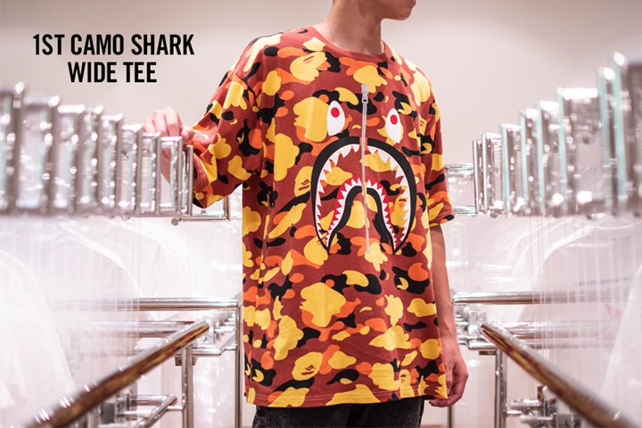 A BATHING APEから1ST CAMOとブランドのアイコンのひとつであるシャークモチーフを組み合わせた「1ST CAMO SHARK WIDE TEE」が8/25から発売 (ア ベイシング エイプ)