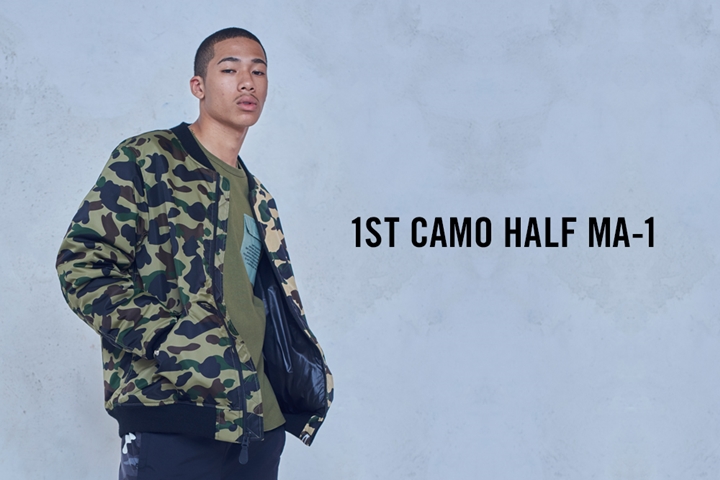 A BATHING APEから1ST CAMOで仕上げた、ジップを使いセンターで切り替えているMA-1「1ST CAMO HALF MA-1」が9/1から発売 (ア ベイシング エイプ)