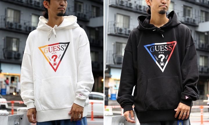 web限定！3配色トライアングルロゴをあしらった GUESS × FREAK’S STORE 別注 3配色 プルオーバーパーカーが10月中旬発売 (ゲス フリークスストア)