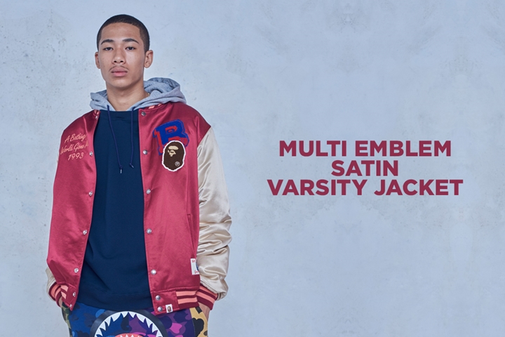 A BATHING APEからサテン地で仕上げエンブレムワッペンをあしらったバーシティジャケット「MULTI EMBLEM SATIN VARSITY JACKET」が10/13から発売 (ア ベイシング エイプ)