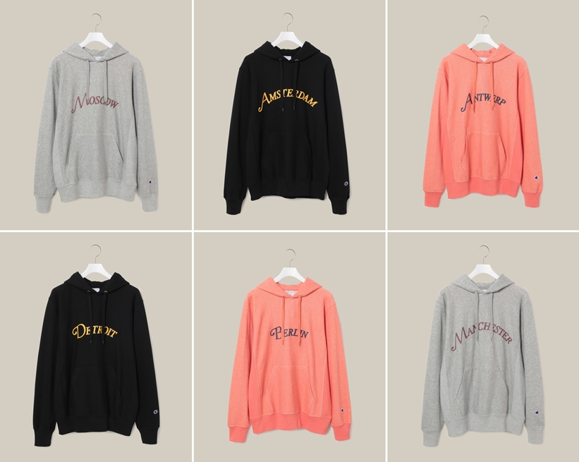 ヨーロッパの6都市名をプリントした Champion × ADAM ET ROPE 別注 ロゴプリントパーカーが2019年3月上旬発売 (チャンピオン アダム エ ロペ)