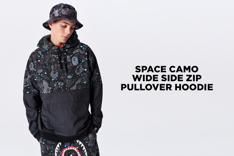 A BATHING APEから宇宙をイメージした蓄光プリント「スペースカモ」で仕上げたプルオーバーフーディー「SPACE CAMO WIDE SIDE ZIP PULLOVER HOODIE」が1/19発売 (ア ベイシング エイプ)