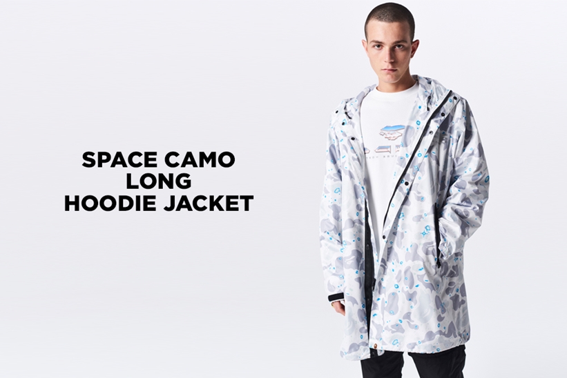 A BATHING APEから宇宙をイメージした蓄光プリント「スペースカモ」で仕上げたロング丈のフーディジャケット「SPACE CAMO LONG HOODIE JACKET」が1/19発売 (ア ベイシング エイプ)