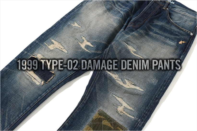 A BATHING APEからダメージ感とヴィンテージな雰囲気を演出するデニムパンツ「1999 TYPE-02 DAMAGE DENIM PANTS」が1/26発売 (ア ベイシング エイプ)