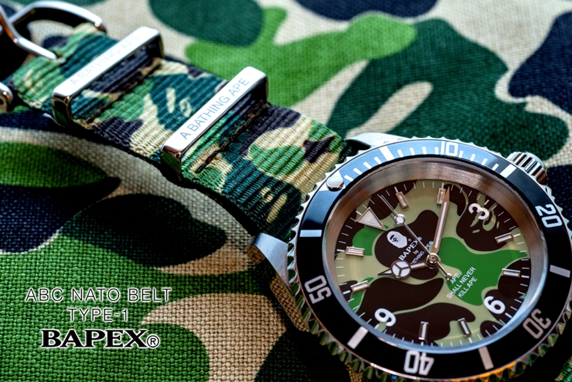 A BATHING APE オリジナルリストウォッチ「TYPE 1 BAPEX」が初のNATOベルトを装いABC CAMO柄の3色展開で2/2から発売 (ア ベイシング エイプ)