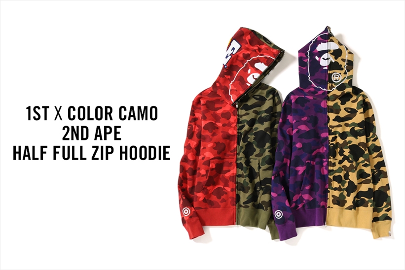 A BATHING APE から1ST CAMOとCOLOR CAMOを組み合わせたフルジップフーディ「1ST X COLOR CAMO 2ND APE HALF FULL ZIP HOODIE」が3/9発売 (ア ベイシング エイプ)