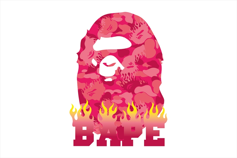 A BATHING APE からカモ柄が燃え上がる炎のエイプヘッドでデザインしたグラフィックを使用した「FIRE CAMO PATTERN」が3/30発売 (ア ベイシング エイプ)
