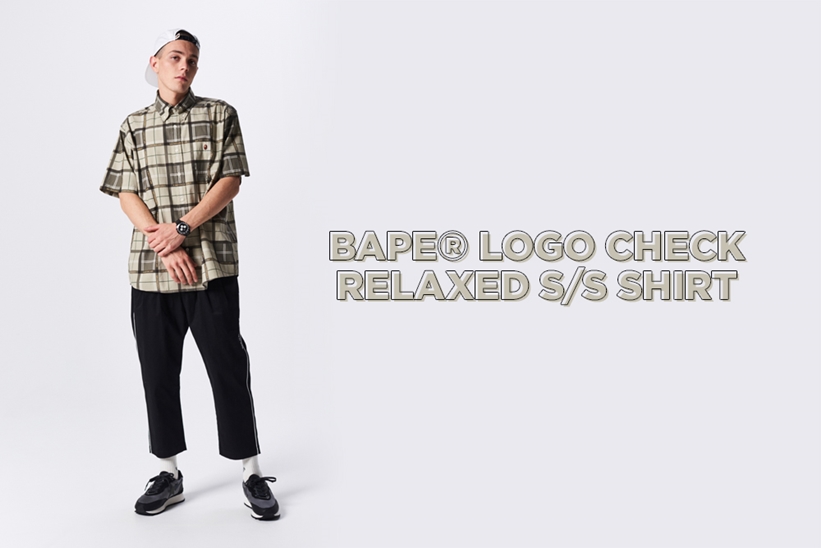 A BATHING APE からタイポグラフィを埋め込んだチェック柄のハット「RELAXED BAPE LOGO CHECK S/S SHIRT」が4/13発売 (ア ベイシング エイプ)