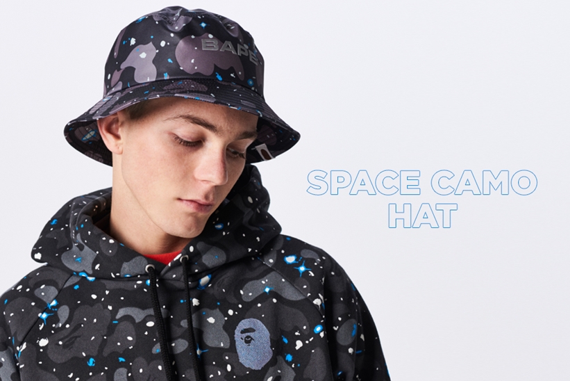 A BATHING APE から宇宙をイメージし蓄光プリント(GID)を施したスペースカモにシャークモチーフを組み合わせたハット「SPACE CAMO HAT」が5/4発売 (ア ベイシング エイプ)