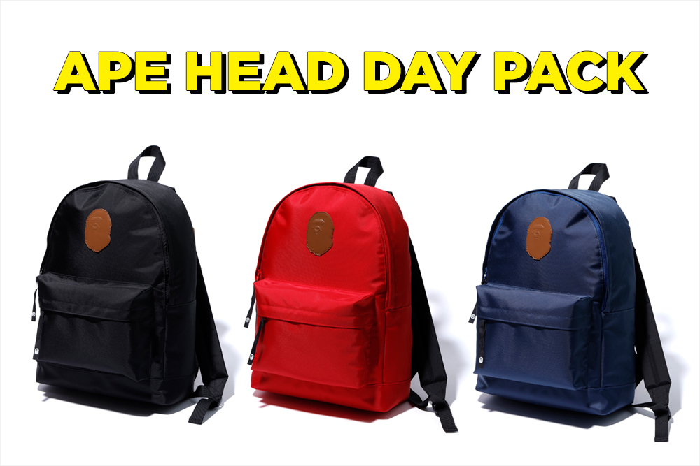 A BATHING APEからシンプルなカラーリングにエイプヘッドのレザーパッチをあしらったデイパック「APE HEAD DAY PACK」が7/13発売 (ア ベイシング エイプ)