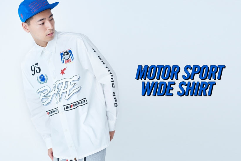 A BATHING APEからMOTOR SPORTをテーマに様々なBAPEのグラフィックデザインをプリントしたワイドシルエットシャツ「MOTOR SPORT WIDE SHIRT」が7/20発売 (ア ベイシング エイプ)