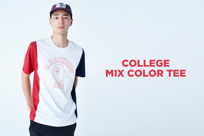 A BATHING APEから3カラーで切り替え、カレッジロゴを配したTシャツ「COLLEGE MIX COLOR TEE」が8/17発売 (ア ベイシング エイプ)