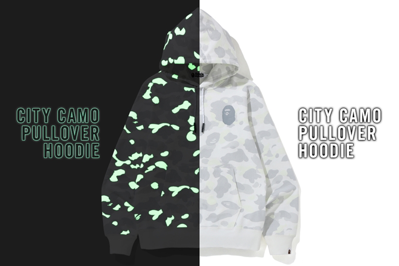 A BATHING APEからCITY CAMO + 蓄光プリント + シャークモチーフを配したプルオーバーフーディ「CITY CAMO PULLOVER HOODIE」が8/24発売 (ア ベイシング エイプ)