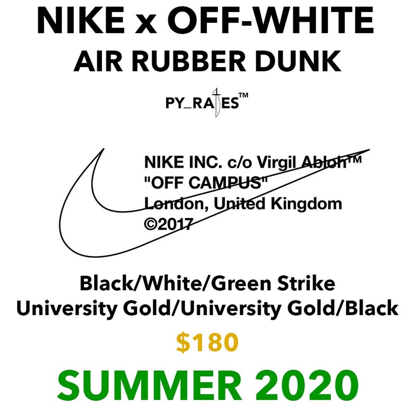 2020年春夏発売予定！OFF-WHITE × NIKE AIR RUBBER DUNK (オフホワイト ナイキ エア ラバー ダンク) [CU6015-001,700]
