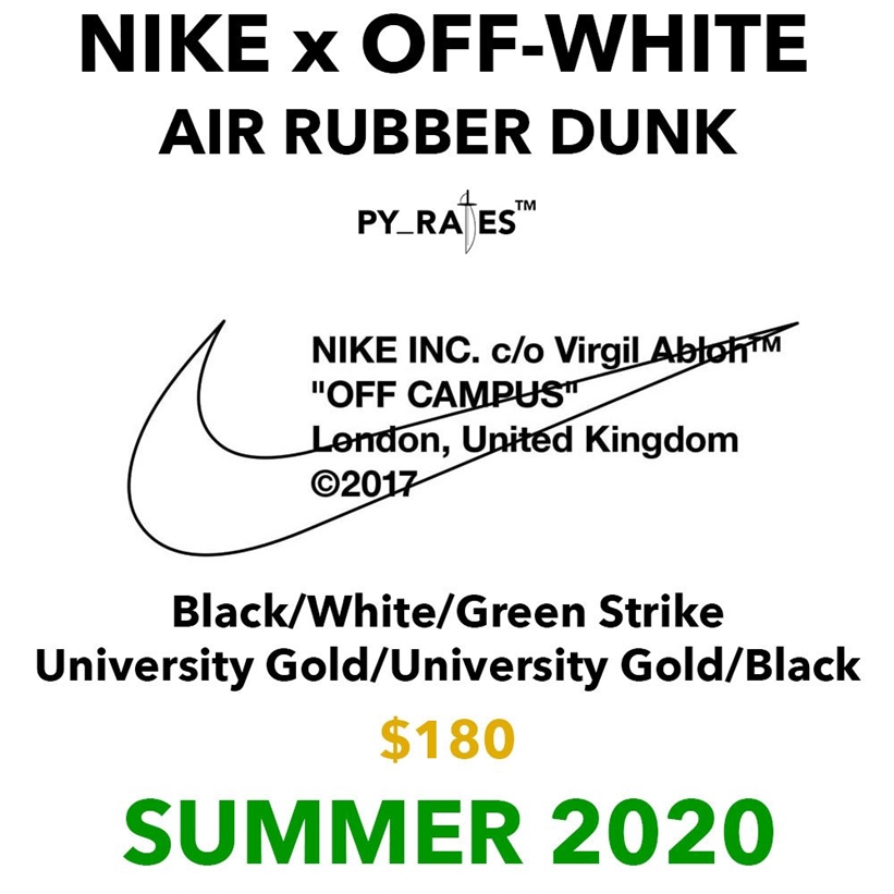 2020年春発売予定！OFF-WHITE × NIKE AIR RUBBER DUNK (オフホワイト ナイキ エア ラバー ダンク) [CU6015-001,700]