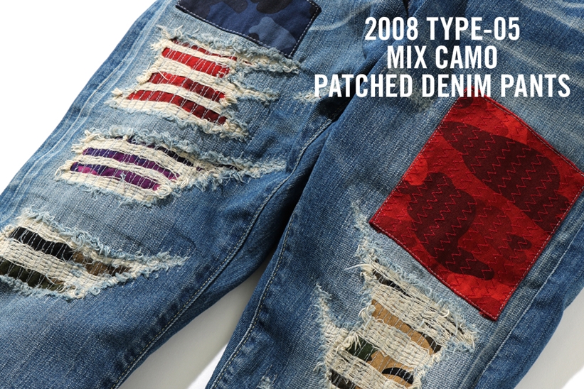 A BATHING APEからダメージ加工を施しCOLOR CAMO柄を当て布したデニムパンツ「2008 TYPE-05 MIX CAMO PATCHED DAMAGED DENIM PANTS」が9/21から発売 (ア ベイシング エイプ)