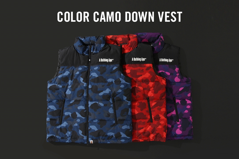 A BATHING APEからCOLOR CAMOで仕上げたダウンベスト「COLOR CAMO DOWN VEST」が9/21から発売 (ア ベイシング エイプ)