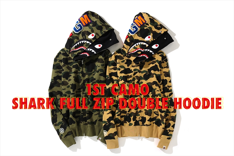 A BATHING APEからシャークフルジップフーディのフーディ部分を重ねダブルフーディに仕上げた「1ST CAMO SHARK FULL ZIP DOUBLE HOODIE」が11/16発売 (ア ベイシング エイプ)