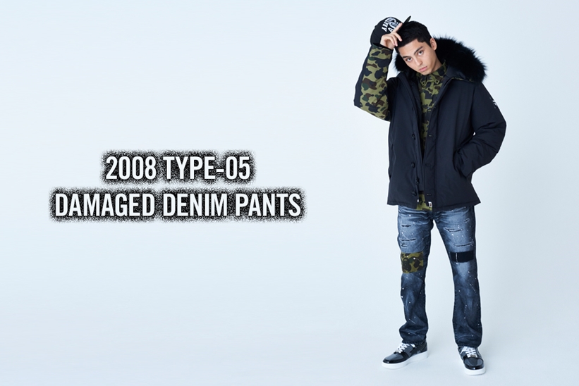 A BATHING APEから後ろポケットやダメージ部分から1ST CAMOがチラリとのぞくダメージデニムパンツ「2008 TYPE-05 DAMAGE DENIM PANTS」が12/14発売 (ア ベイシング エイプ)