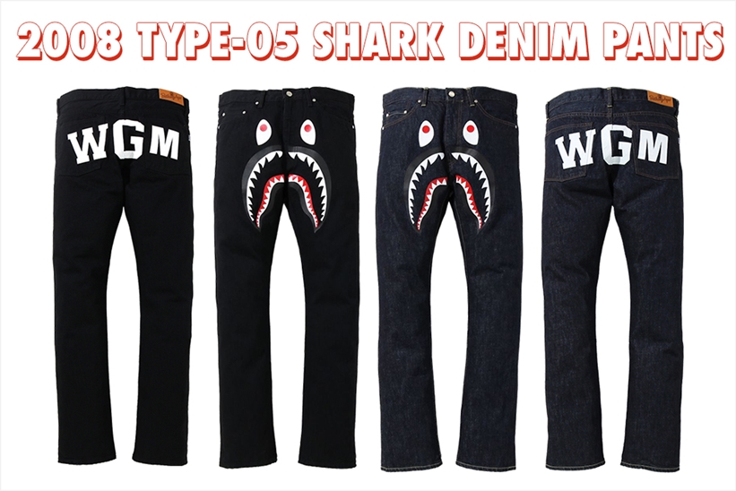 A BATHING APEから前面にはシャークモチーフ、ヒップにはWGMをプリントしたデニムパンツ「2008 TYPE-05 SHARK DENIM PANTS」が4/4発売 (ア ベイシング エイプ)