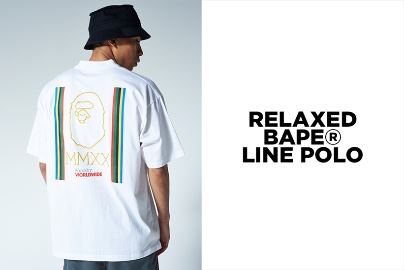 A BATHING APEから5色のラインがサイドにデザインされエイプヘッドが胸元と背面に配されたポロシャツ「RELAXED BAPE LINE POLO」が4/11発売 (ア ベイシング エイプ)