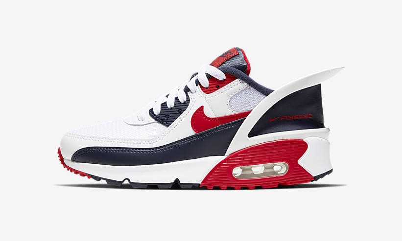 ナイキ GS エア マックス 90 フライイーズ “ホワイト/レッド/ネイビー” (NIKE GS AIR MAX 90 FLYEASE “White/Red/Navy”) [CV0526-104]