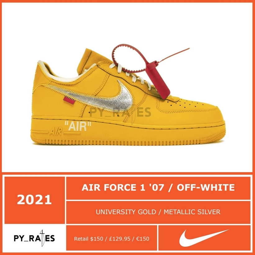 海外 7/5、9/28 発売予定！OFF-WHITE c/o VIRGIL ABLOH × NIKE AIR FORCE 1 LOW “University Gold/Metallic Silver” (オフホワイト ナイキ エア フォース 1 ロー “ユニバーシティゴールド/メタリックシルバー”) [DD1876-700]