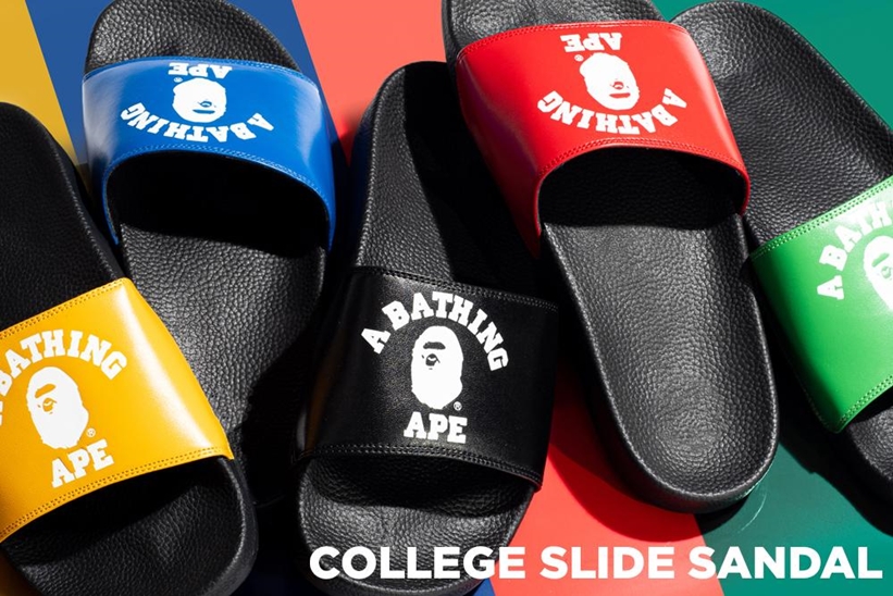 A BATHING APEから定番のカレッジロゴがプリントされたスライドサンダル「COLLEGE SLIDE SANDALS」が5/30発売 (ア ベイシング エイプ)