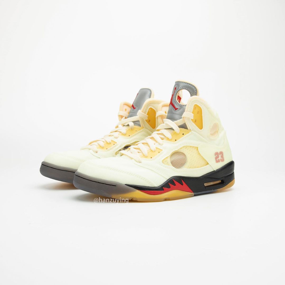 【10/29 発売、アパレル 12月中旬 発売】オフホワイト × ナイキ エア ジョーダン 5 “セイル” (OFF-WHITE NIKE AIR JORDAN 5 “Sail/Fire Red/Muslin/Black”) [DH8565-100]