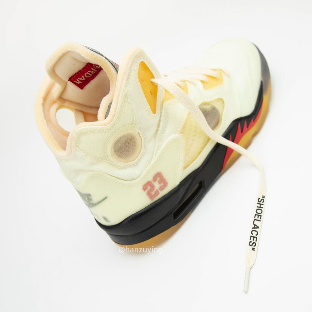 【10/29 発売、アパレル 12月中旬 発売】オフホワイト × ナイキ エア ジョーダン 5 “セイル” (OFF-WHITE NIKE AIR JORDAN 5 “Sail/Fire Red/Muslin/Black”) [DH8565-100]