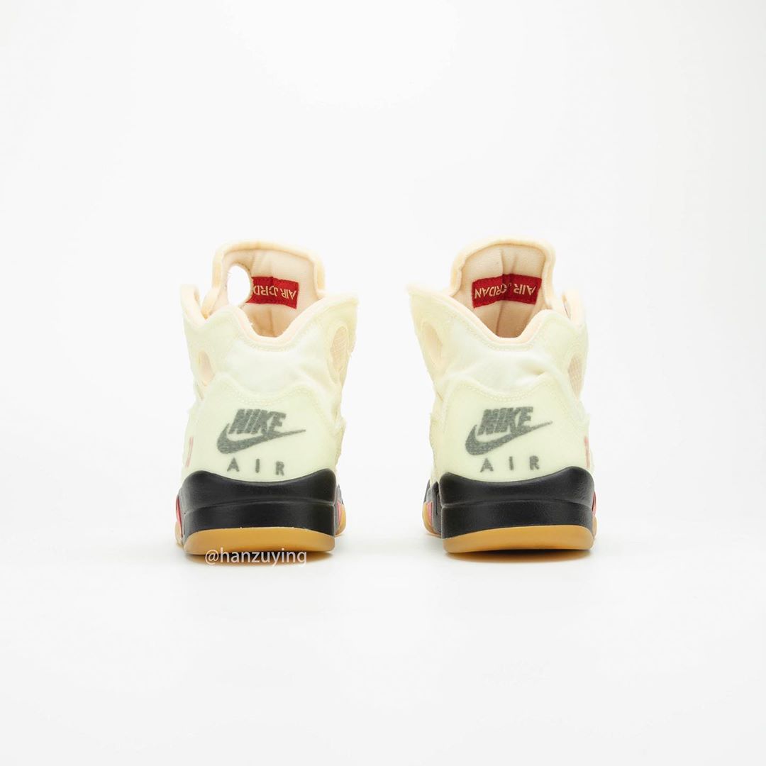 【10/29 発売、アパレル 12月中旬 発売】オフホワイト × ナイキ エア ジョーダン 5 “セイル” (OFF-WHITE NIKE AIR JORDAN 5 “Sail/Fire Red/Muslin/Black”) [DH8565-100]