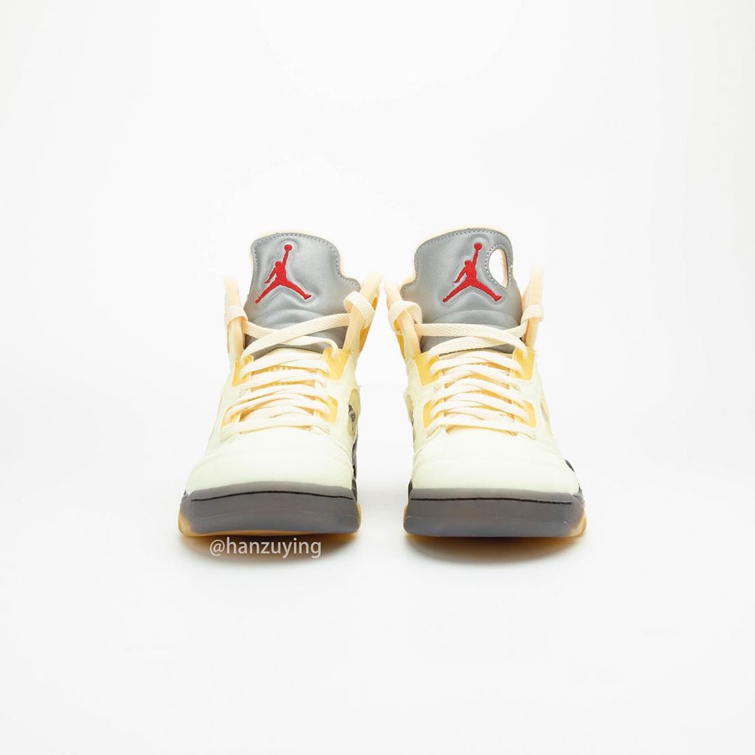 【10/29 発売、アパレル 12月中旬 発売】オフホワイト × ナイキ エア ジョーダン 5 “セイル” (OFF-WHITE NIKE AIR JORDAN 5 “Sail/Fire Red/Muslin/Black”) [DH8565-100]