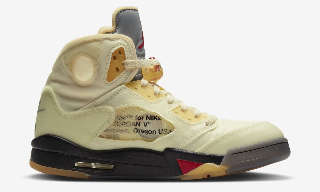 【10/29 発売、アパレル 12月中旬 発売】オフホワイト × ナイキ エア ジョーダン 5 “セイル” (OFF-WHITE NIKE AIR JORDAN 5 “Sail/Fire Red/Muslin/Black”) [DH8565-100]