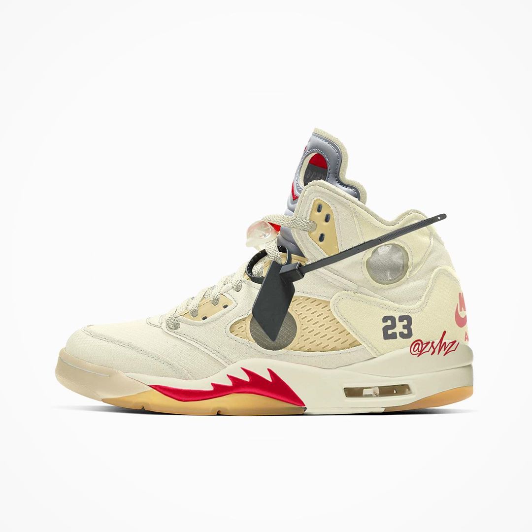 【10/29 発売、アパレル 12月中旬 発売】オフホワイト × ナイキ エア ジョーダン 5 “セイル” (OFF-WHITE NIKE AIR JORDAN 5 “Sail/Fire Red/Muslin/Black”) [DH8565-100]