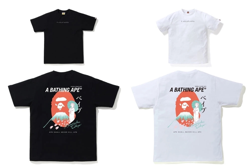 桜、富士山、カタカナなどの日本を象徴するモチーフとエイプヘッドを掛け合わせた「A BATHING APE JAPAN SOUVENIR TEE」が7/25発売 (ア ベイシング エイプ)