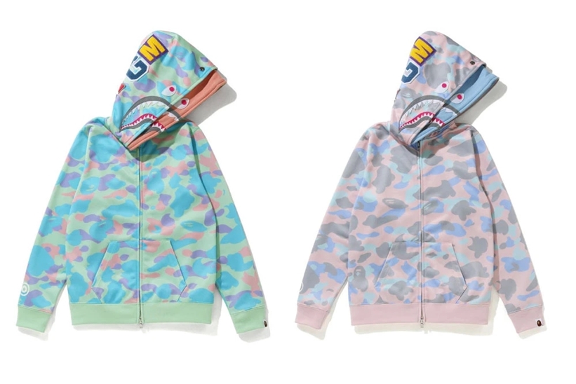 A BATHING APE LADIESより淡い色合いのPASTEL MULTI CAMOで仕上げたフルジップフーディ「PASTEL MULTI CAMO SHARK FULL ZIP DOUBLE HOODIE」が8/15発売 (ア ベイシング エイプ)