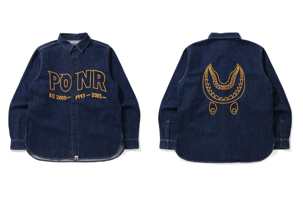 A BATHING APEから PONR(Point Of No Return)のタイポグラフィとシャークモチーフが前後に刺繍で表現された「SHARK DENIM WORK SHIRT」が9/12発売 (ア ベイシング エイプ)