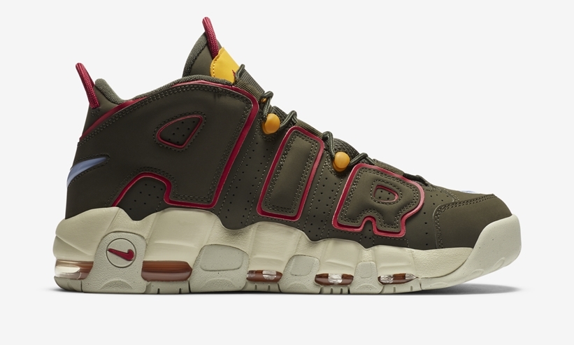 ナイキ エア モア アップテンポ “カーゴカーキ/レッド/セイル” (NIKE AIR MORE UPTEMPO “Cargo Kahki/Red/Sail”) [DH0622-300]