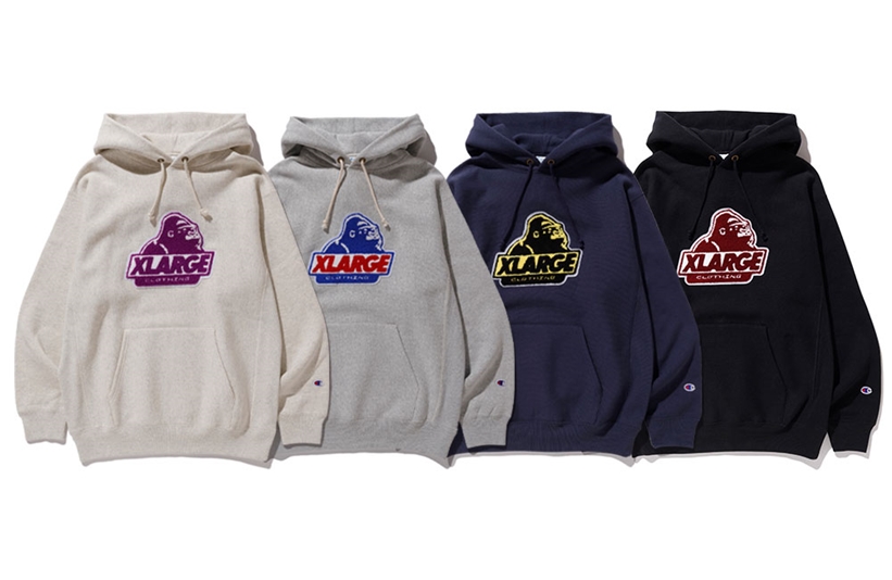 XLARGE × Champion 最新作では、REVERSE WEAVE 裏毛を使用したクルーネックスウェットとフードスウェットが11/6発売 (エクストララージ チャンピオン)