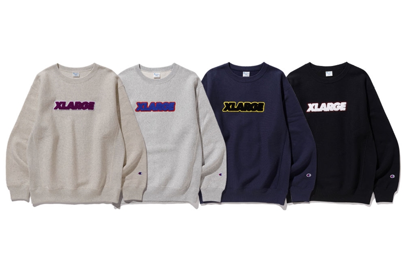 XLARGE × Champion 最新作では、REVERSE WEAVE 裏毛を使用したクルーネックスウェットとフードスウェットが11/6発売 (エクストララージ チャンピオン)