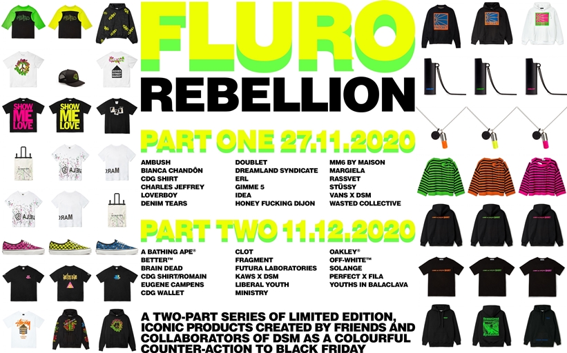 STUSSY/VANS/AMBUSHなどが参加する「DOVER STREET MARKET FLURO REBELLION PART 1」が11/27 発売 (ドーバーストリートマーケット銀座)