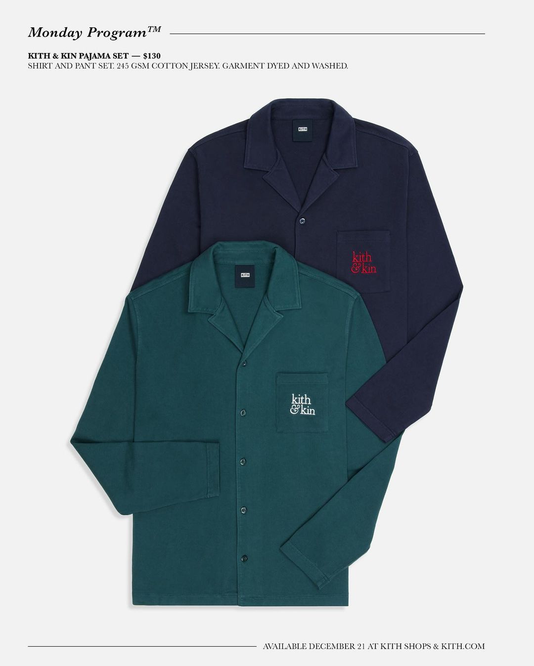 【Kith & Kin Pajama Shirt and Pant Set】 KITH MONDAY PROGRAM 2020年 第43弾が海外 12/21 発売 (キス)