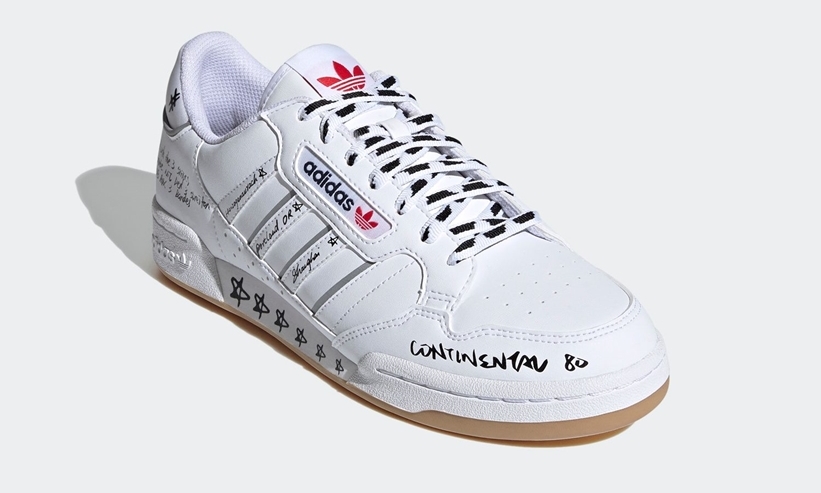 遊び心のある落書き風デザインで埋め尽くされた adidas Originals CONTINENTAL 80 STRIPES “White/Grey/Red” (アディダス オリジナルス コンチネンタル 80 ストライプス “ホワイト/グレーツー/ビビッドレッド”) [GV9797]