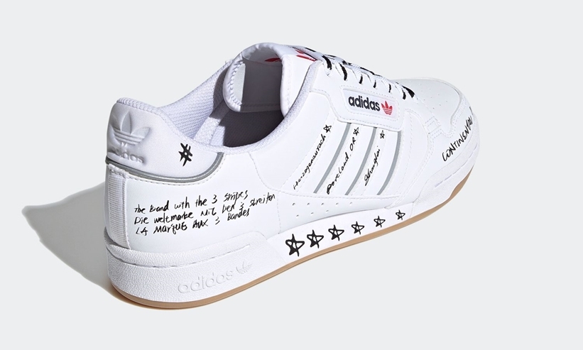 遊び心のある落書き風デザインで埋め尽くされた adidas Originals CONTINENTAL 80 STRIPES “White/Grey/Red” (アディダス オリジナルス コンチネンタル 80 ストライプス “ホワイト/グレーツー/ビビッドレッド”) [GV9797]